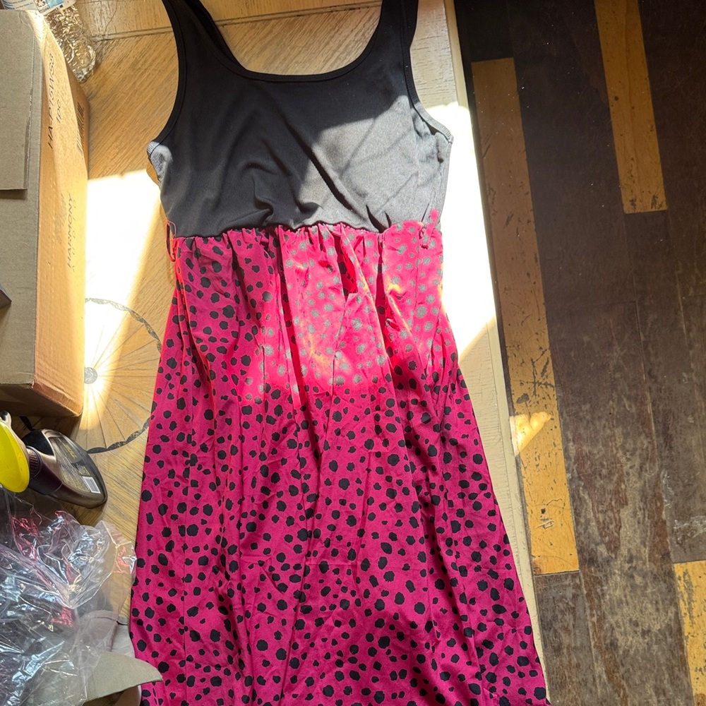 Sleeveless Black & Pink Polka Dot Maxi Dress